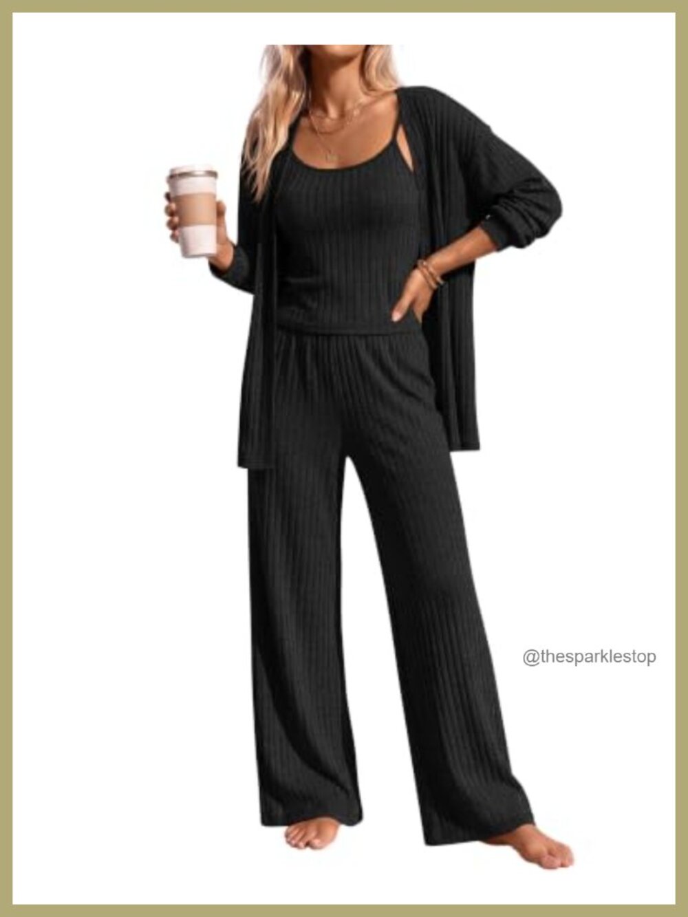 Women's 3 Piece Ribbed Knit Lounge Pajama Set with Cardigan Cami Wide Leg Pants